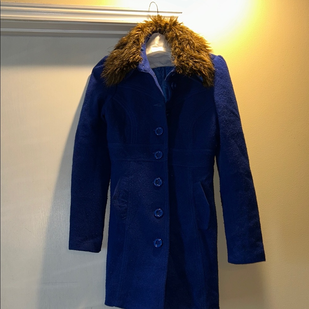 Free People Cobalt Blue Teddy jacket with Brown Faux Fur Collar REDUCED PRICE